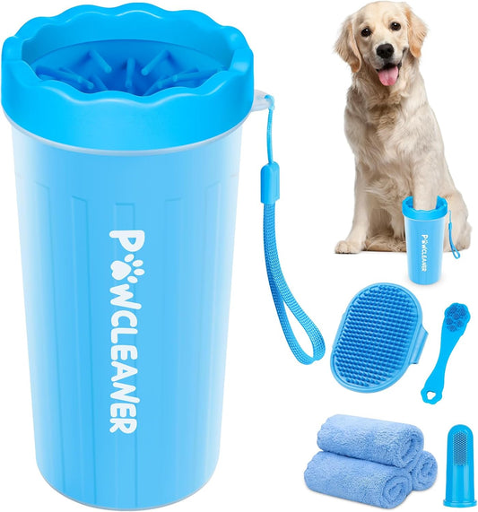 Ultimate 7-in-1 Dog Paw Cleaner Kit for Dogs & Cats - Portable Washer, Bath Brush, Toothbrushes & Absorbent Towels - Fits Paws 2.5 to 3.5 Inches Wide (Large, Blue)