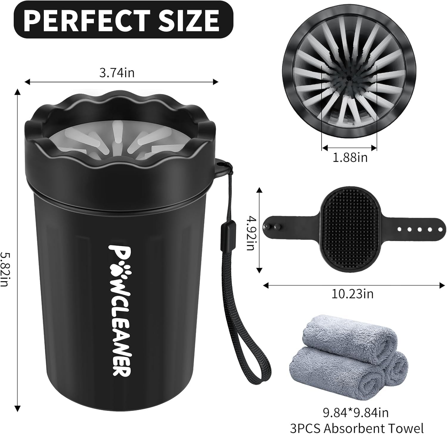 Ultimate 7-in-1 Dog Paw Cleaner Kit for Dogs & Cats - Portable Paw Washer, Bath Brush, Dog Toothbrushes & Absorbent Towels - Fits Medium Paws (1.5 to 2.5 Inches Wide) - Stylish Black Design