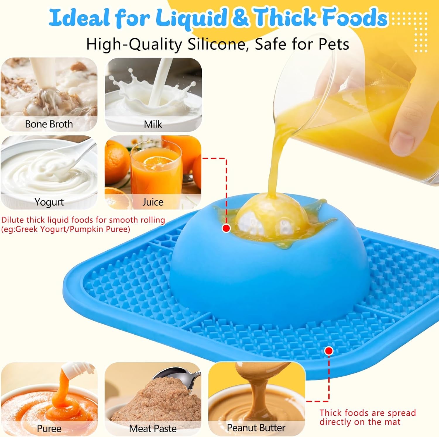 Interactive Slow Feeder Dog Bowl & Lick Mat with Rolling Ball - Anti-Slip Design for Dogs & Cats, Perfect for Liquid and Thick Treats, 5/6 Cup Capacity, Blue