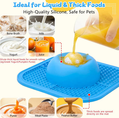 Interactive Slow Feeder Dog Bowl & Lick Mat with Rolling Ball - Anti-Slip Design for Dogs & Cats, Perfect for Liquid and Thick Treats, 5/6 Cup Capacity, Blue