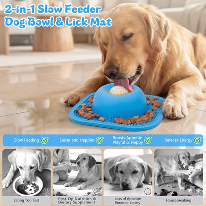 Interactive Slow Feeder Dog Bowl & Lick Mat with Rolling Ball - Anti-Slip Design for Dogs & Cats, Perfect for Liquid and Thick Treats, 5/6 Cup Capacity, Blue