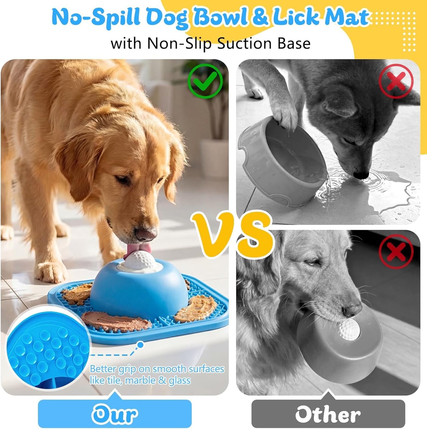 Interactive Slow Feeder Dog Bowl & Lick Mat with Rolling Ball - Anti-Slip Design for Dogs & Cats, Perfect for Liquid and Thick Treats, 5/6 Cup Capacity, Blue
