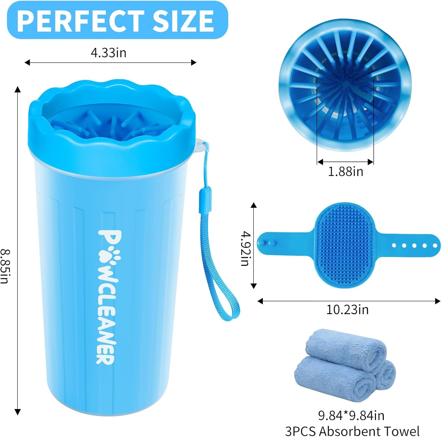 Ultimate 7-in-1 Dog Paw Cleaner Kit for Dogs & Cats - Portable Washer, Bath Brush, Toothbrushes & Absorbent Towels - Fits Paws 2.5 to 3.5 Inches Wide (Large, Blue)