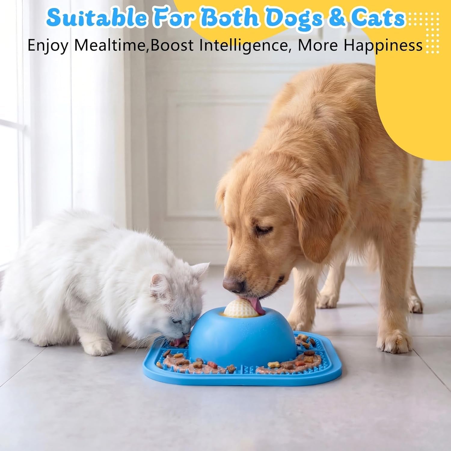 Interactive Slow Feeder Dog Bowl & Lick Mat with Rolling Ball - Anti-Slip Design for Dogs & Cats, Perfect for Liquid and Thick Treats, 5/6 Cup Capacity, Blue