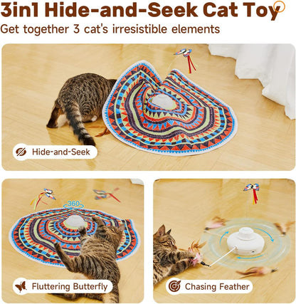 Interactive 3-in-1 Cat Toy - Rechargeable Hide and Seek Fun with Fluttering Butterfly and Moving Feather for Ultimate Indoor Exercise!