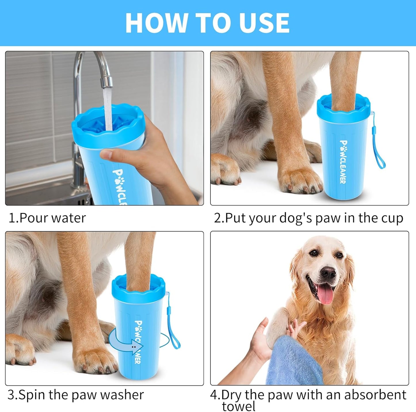 Ultimate 7-in-1 Dog Paw Cleaner Kit for Dogs & Cats - Portable Washer, Bath Brush, Toothbrushes & Absorbent Towels - Fits Paws 2.5 to 3.5 Inches Wide (Large, Blue)