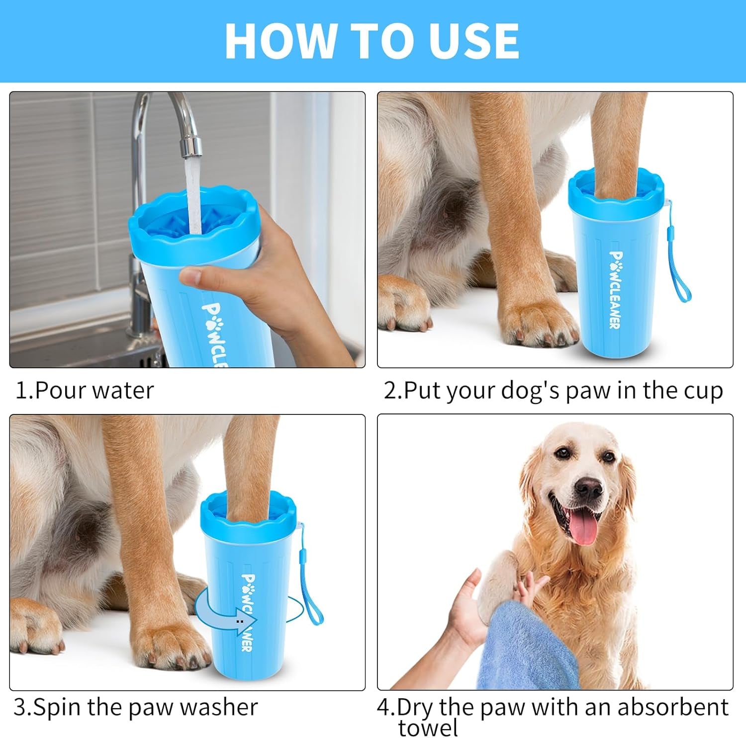 Ultimate 7-in-1 Dog Paw Cleaner Kit for Dogs & Cats - Portable Washer, Bath Brush, Toothbrushes & Absorbent Towels - Fits Paws 2.5 to 3.5 Inches Wide (Large, Blue)