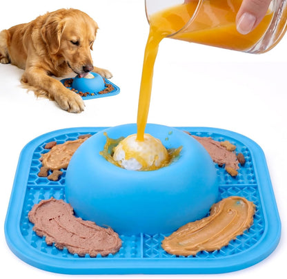Interactive Slow Feeder Dog Bowl & Lick Mat with Rolling Ball - Anti-Slip Design for Dogs & Cats, Perfect for Liquid and Thick Treats, 5/6 Cup Capacity, Blue