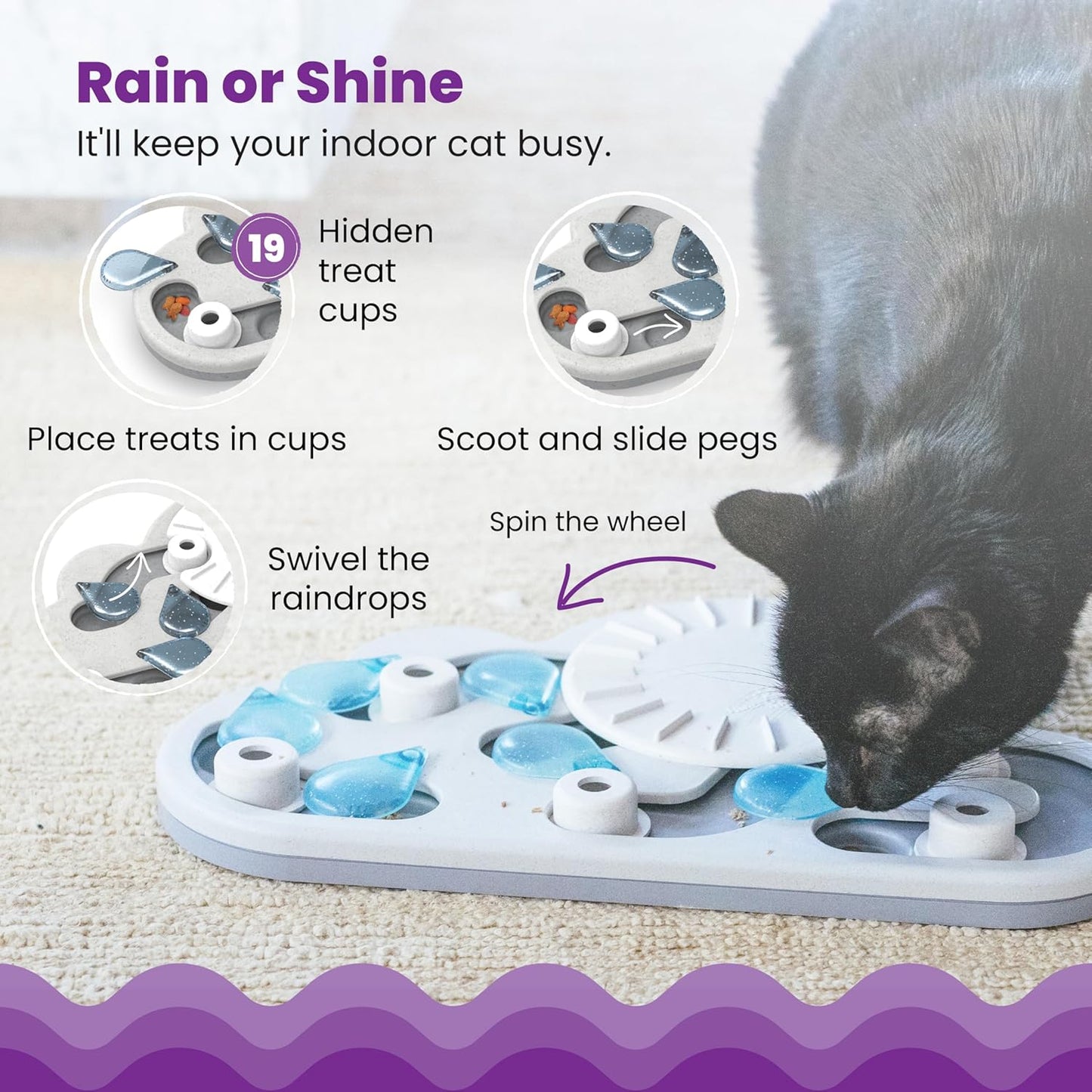 Nina Ottosson Interactive Rainy Day Cat Puzzle Feeder - Level 3 Enrichment Toy for Indoor Cats, 13.8" x 14