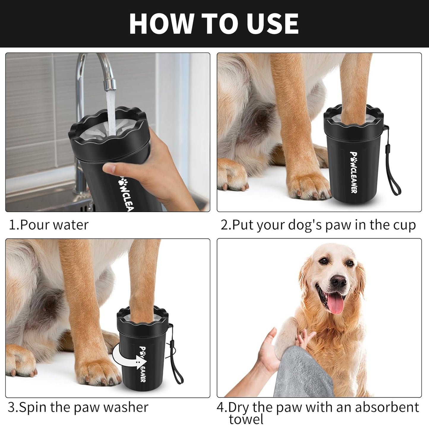 Ultimate 7-in-1 Dog Paw Cleaner Kit for Dogs & Cats - Portable Paw Washer, Bath Brush, Dog Toothbrushes & Absorbent Towels - Fits Medium Paws (1.5 to 2.5 Inches Wide) - Stylish Black Design